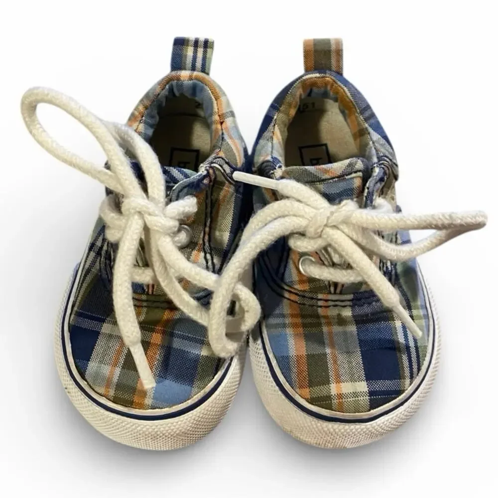 Baby Gap Boy's Tennis Shoes Toddler 5 Blue White Plaid Preppy Canvas Sneakers